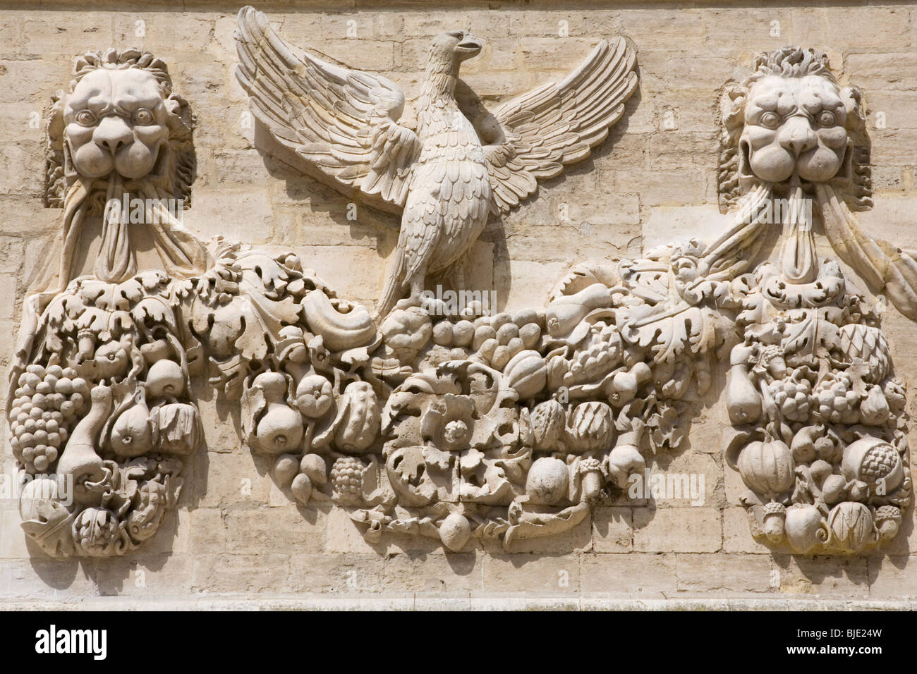 Avignone, Provenza, Francia. Aquila scolpita sulla facciata dell'Hôtel des Monnaies, ex zecca papale. Foto Stock