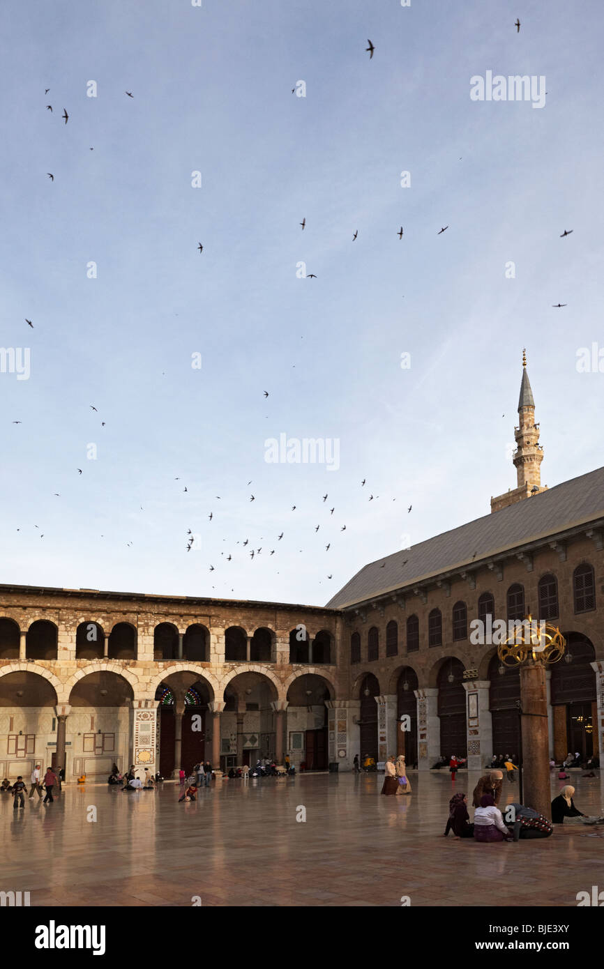 Damasco Siria il cortile al crepuscolo con greggi di vortici e il minareto di Gesù nella Grande moschea Umayyad Foto Stock