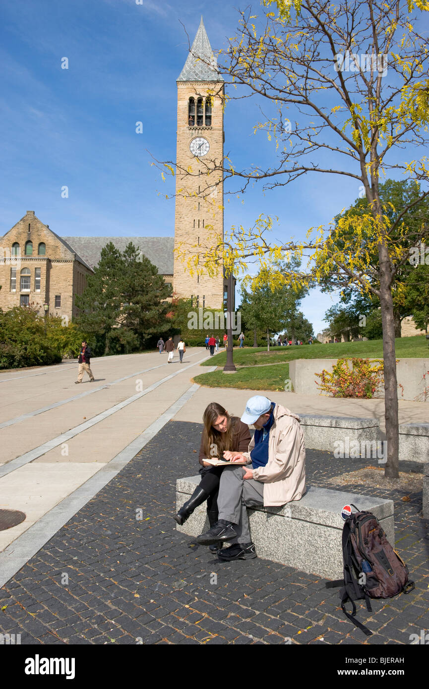 Insegnante e studente su banco Cornell University campus Ithaca New York Regione dei Laghi Finger mcgraw torre in background Foto Stock