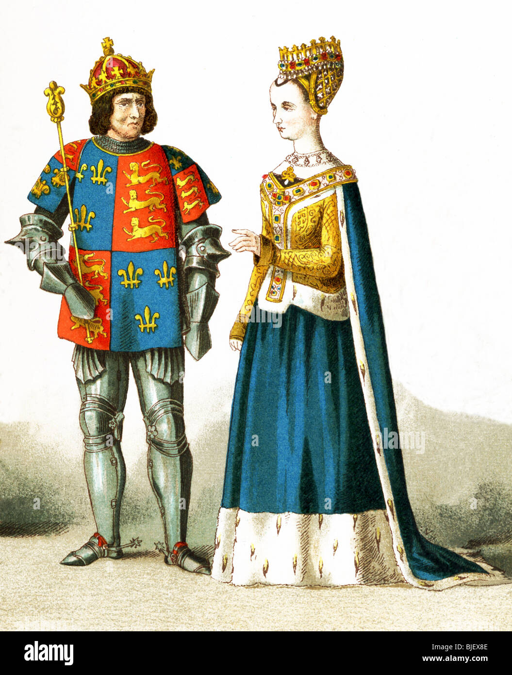Questa illustrazione mostra l'Inghilterra del re Richard III (ucciso sul campo di Bosworth, terminando la guerra dei Roses) con Margaret Tudor. Foto Stock