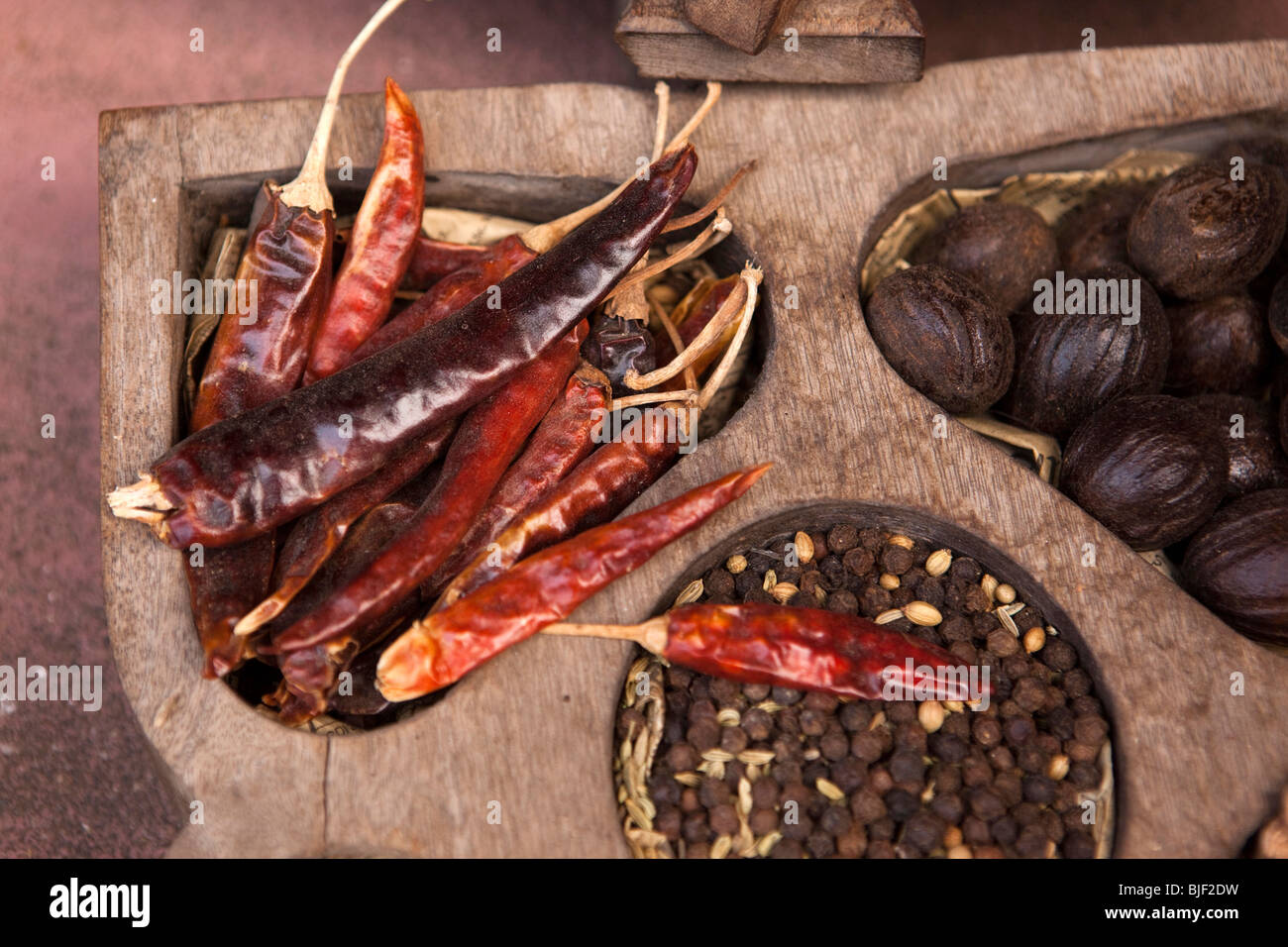 India Kerala, Kochi, Mattancherry, Jewtown, spice shop, secchi peperoncino rosso, pepe e noce moscata in contenitore di legno Foto Stock