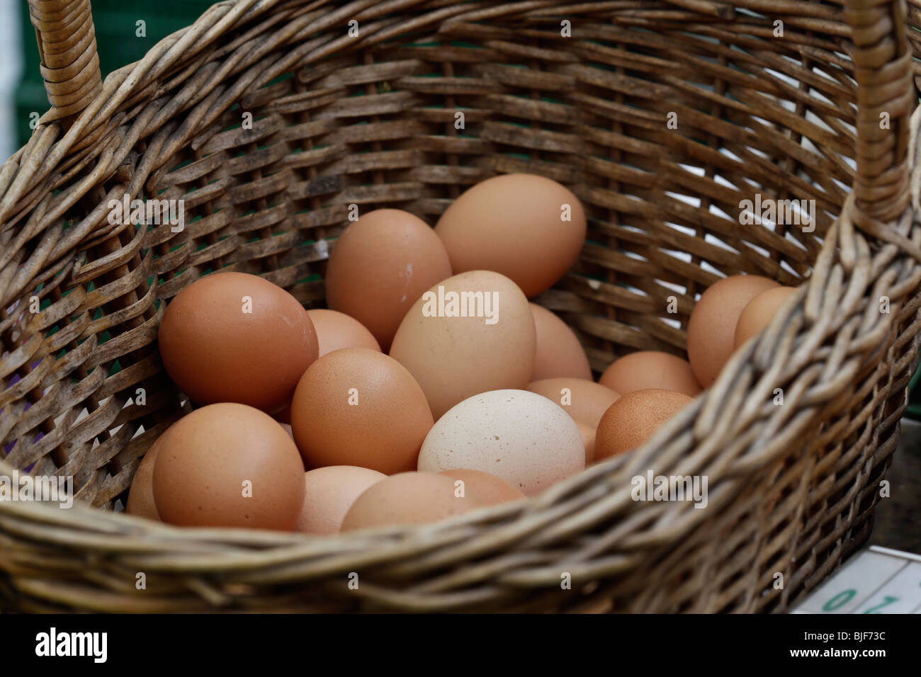 Rosolare le uova in una cesta per il mercato degli agricoltori, Neuchatel svizzera. Charles Lupica Foto Stock