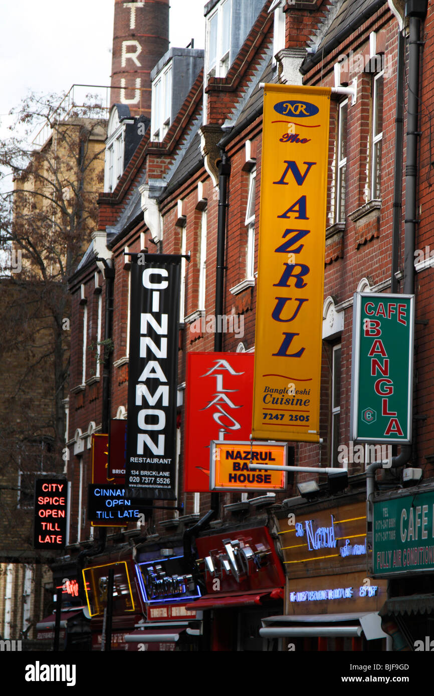Case di curry su Brick Lane, Londra Foto Stock
