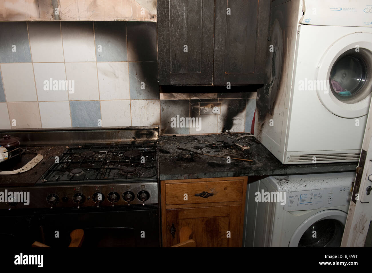 Cucina danno fuoco dal chip pan fire Foto Stock