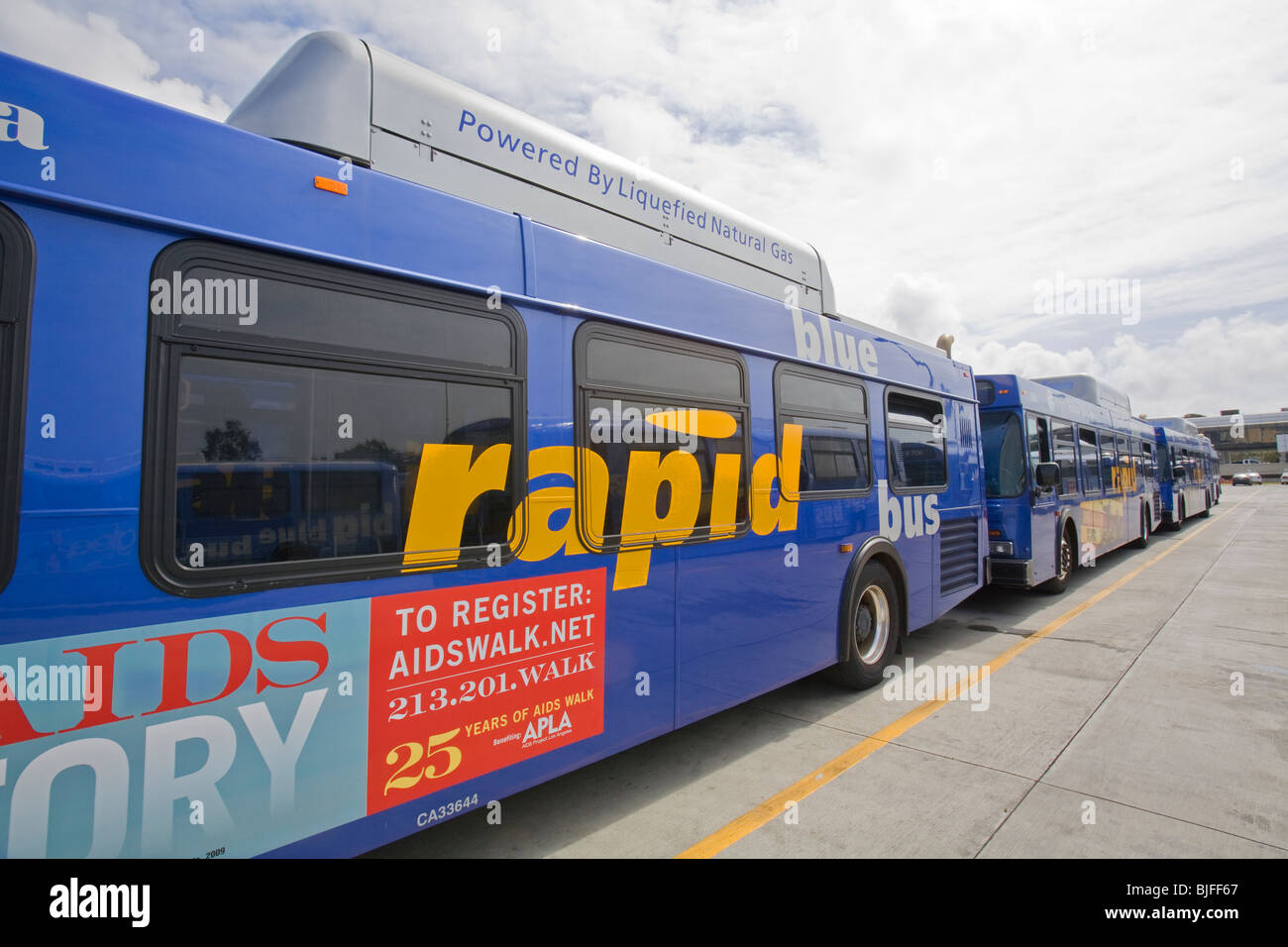 Big Blue Bus Terminal autobus alimentati a gas naturale liquefatto (GNL). Santa Monica, Los Angeles, California, Stati Uniti d'America Foto Stock