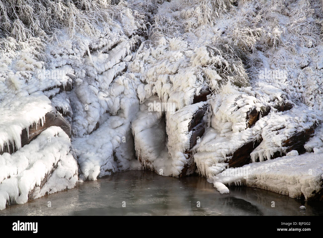 Una neve-frost figure intorno al laghetto congelato in fondo Taccoa falls (nord della Georgia). Foto Stock
