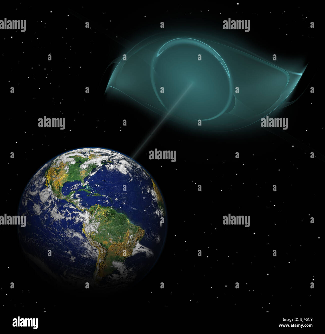 Alien eye cercando sul pianeta terra - collage Foto Stock