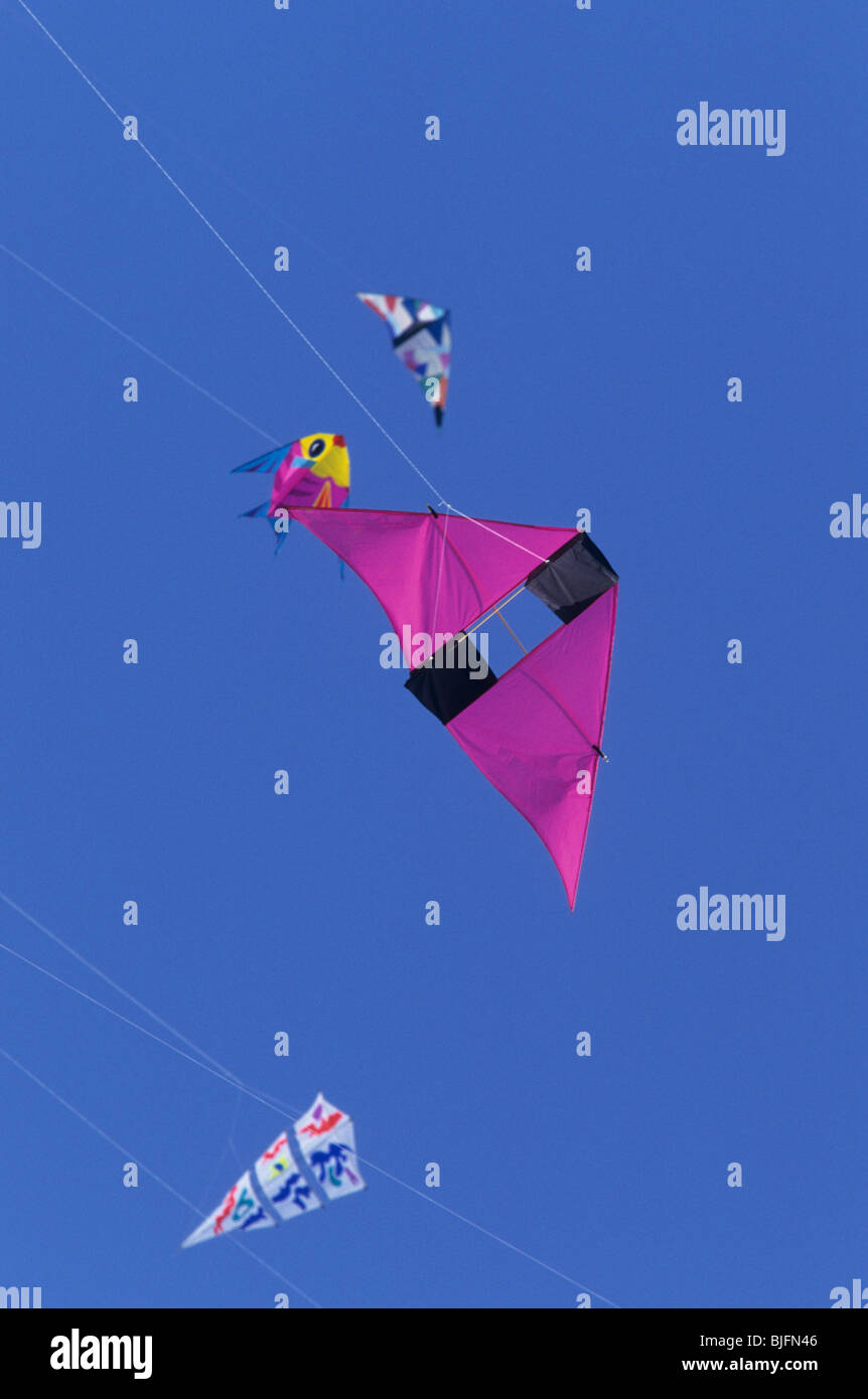 Figura coloratissimi aquiloni volare alto nel cielo Foto Stock