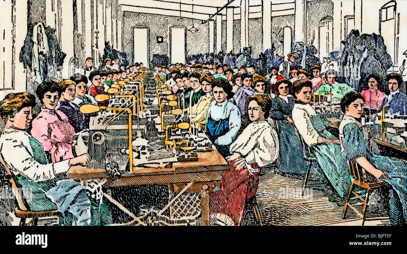 Lavoratori presso le loro macchine in un mulino di maglieria, 1800s. Colorate a mano la xilografia Foto Stock