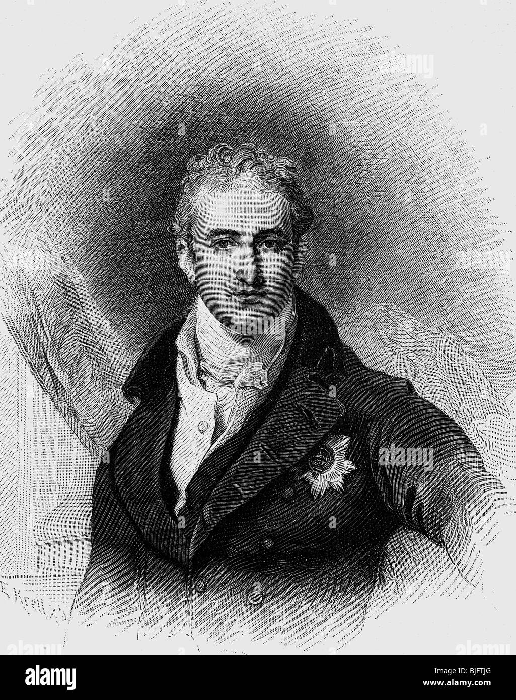 Stewart, Robert, 2nd Marchese di Londonderry, Visconte Castlereagh, 18.6.1769 - 12.8.1822, politico britannico (Tory), Segretario degli Esteri 4.3.1812 - 12.8.1822, a metà lunghezza, incisione in legno di E. Krell, 19th secolo, , Foto Stock