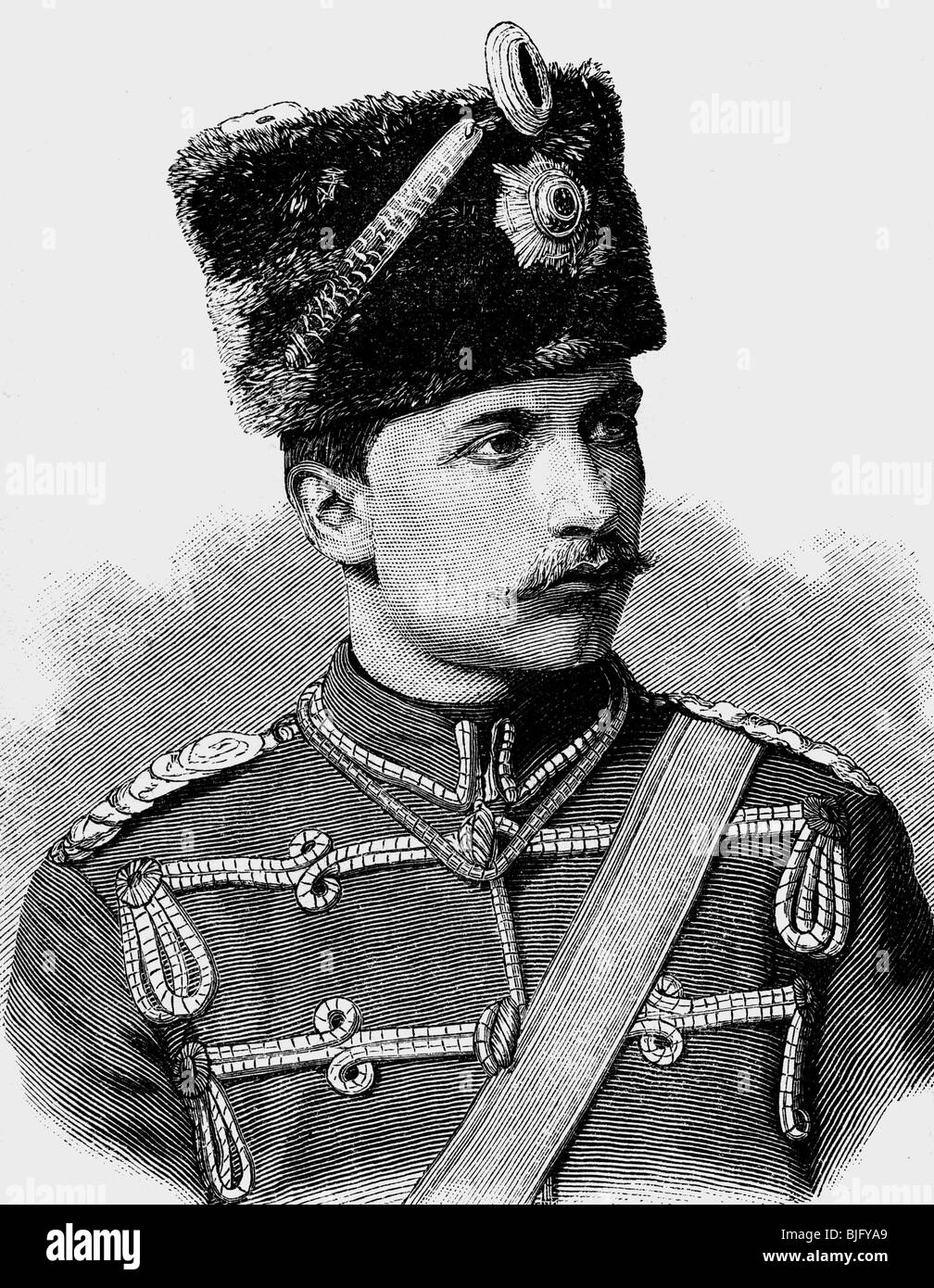Guglielmo II, 27.1.1859 - 4.6.1941, imperatore tedesco 15.6.1888 - 9.11.1918, ritratto, maggiore negli Hussars della Guardia, incisione in legno, circa 1885, Foto Stock