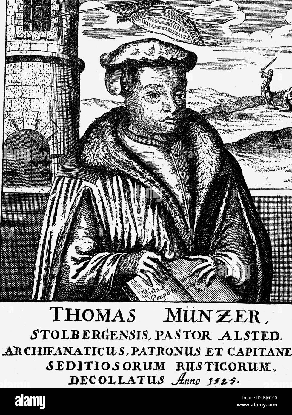 Muentzer, Thomas, circa 1490 - 27.5.1525, un pastore tedesco, a mezza lunghezza e incisione su rame, 1701, con la successiva aggiunta descrizione, 1720, , artista del diritto d'autore non deve essere cancellata Foto Stock