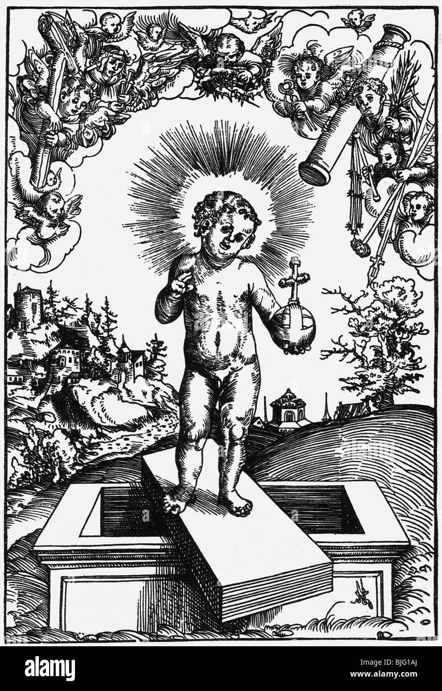 Religione, cristianesimo, Gesù Cristo, 'Gesù Bambino in piedi su una tomba', intagliato da Lucas Cranach il Vecchio, circa 1505, , Foto Stock