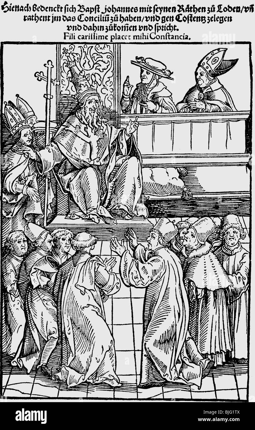 Religione, cristianesimo, Concili, Consiglio di Costanza, 1414 - 1417, Papa Giovanni XXIII (Baldassarre Cossa), legno di Joerg Breu il Vecchio, Cronache di Ulrich von Richental, stampato da Steyner, Ausgburg, 1536, anti-papa, clero, clergymen, scisma, papato, Medioevo, Germania, 15th secolo, storico, storico, popolo medievale, Jorg, Jörg Foto Stock