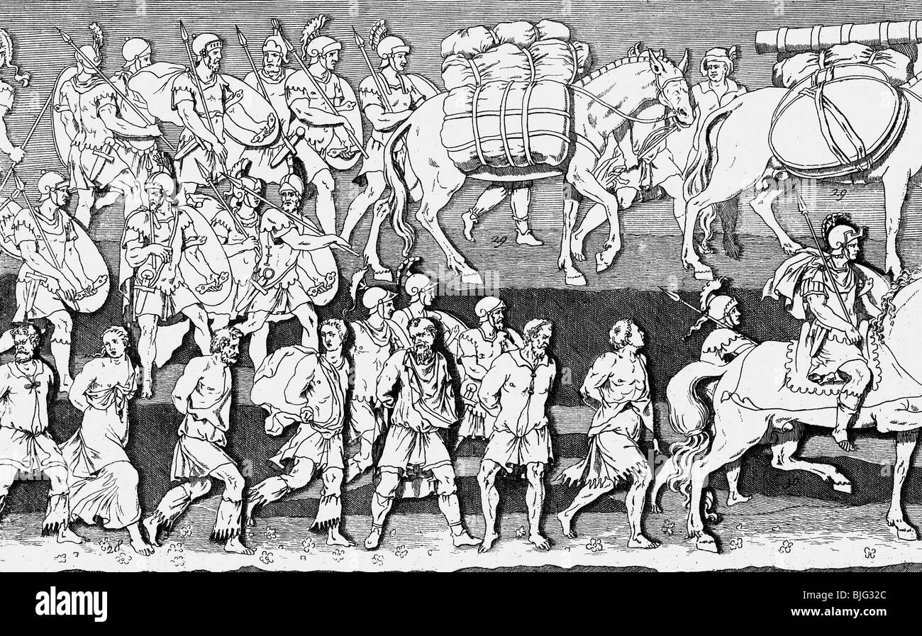 Eventi, Guerra gotica 376 - 382, prigionieri Goti durante il periodo di parentismo dell'imperatore Teodosio i, incisione in legno, 19th secolo, dopo la colonna dell'imperatore Arcadius, Costantinopoli, 401, mondo antico, Impero Romano, Romani, Germanici, prigionieri, antichità, guerra, 4th secolo, storico, mondo antico, persone, Foto Stock