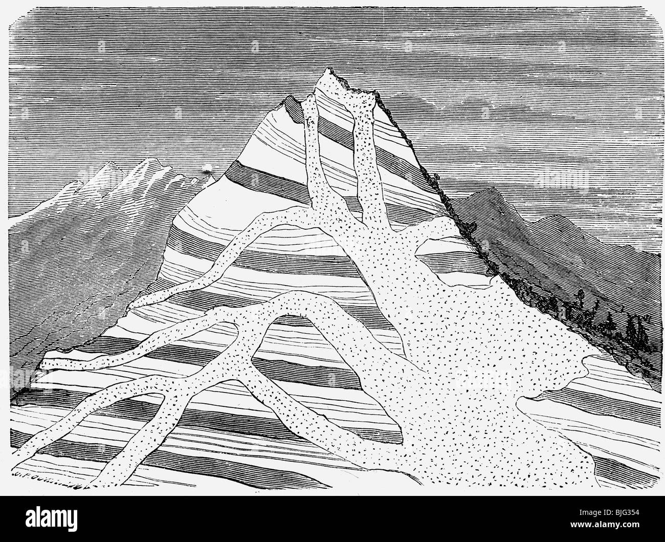 Geologia, roccia, sezione trasversale di una montagna che mostra Gneiss con penetrazioni di granito, illustrazione, incisione del legno, circa 1870, Foto Stock