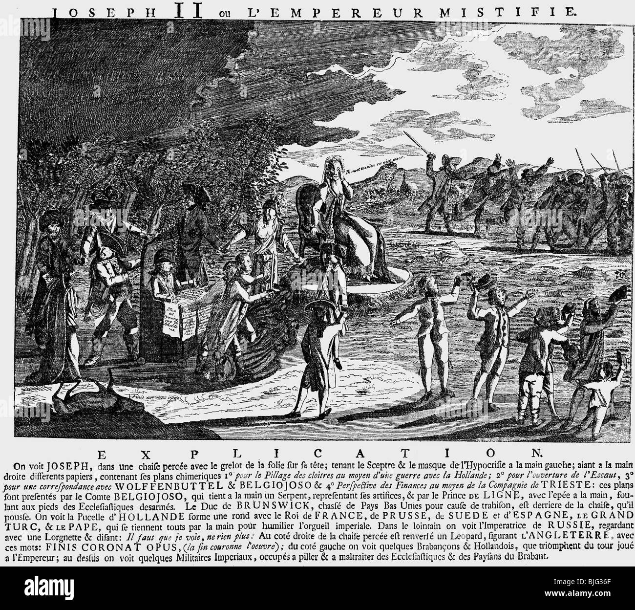 Giuseppe II, 13.3.1741 - 20.2.1790, il Sacro Romano Imperatore 18.8.1765 - 20.2.1790, caricatura, con la Zarina Caterina II di Russia, flysheet, Paesi Bassi, incisione, 1784, , artista del diritto d'autore non deve essere cancellata Foto Stock