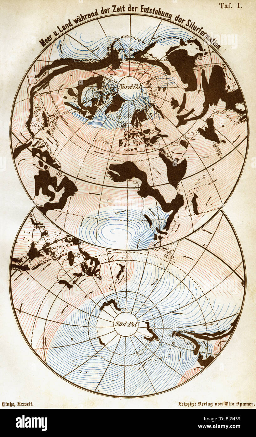 Cartografia, mappe del mondo, mare e terra al tempo della formazione Siluriana, illustrazione, incisione del legno, circa 1870, Foto Stock