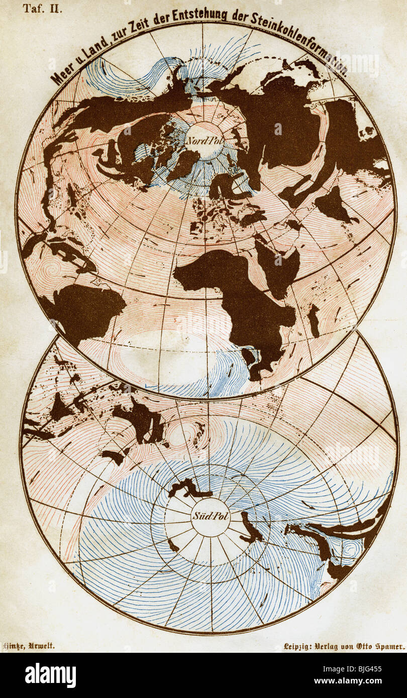 Cartografia, mappe del mondo, mare e terra al tempo della formazione di Antracite, illustrazione, incisione del legno, circa 1870, Foto Stock