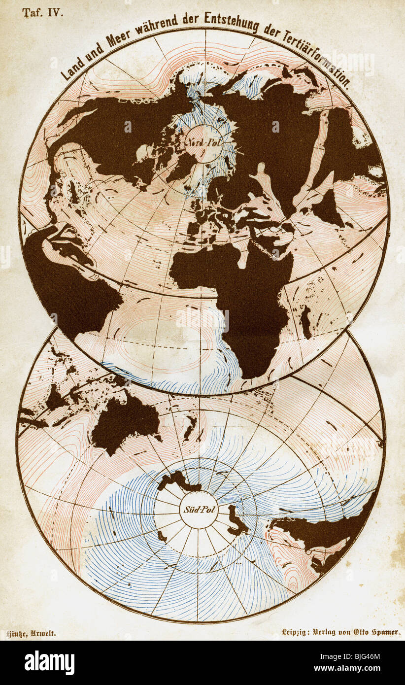 Cartografia, mappe del mondo, mare e terra al tempo del Giurassico Bianco e della formazione terziaria, illustrazione, incisione del legno, circa 1870, Foto Stock