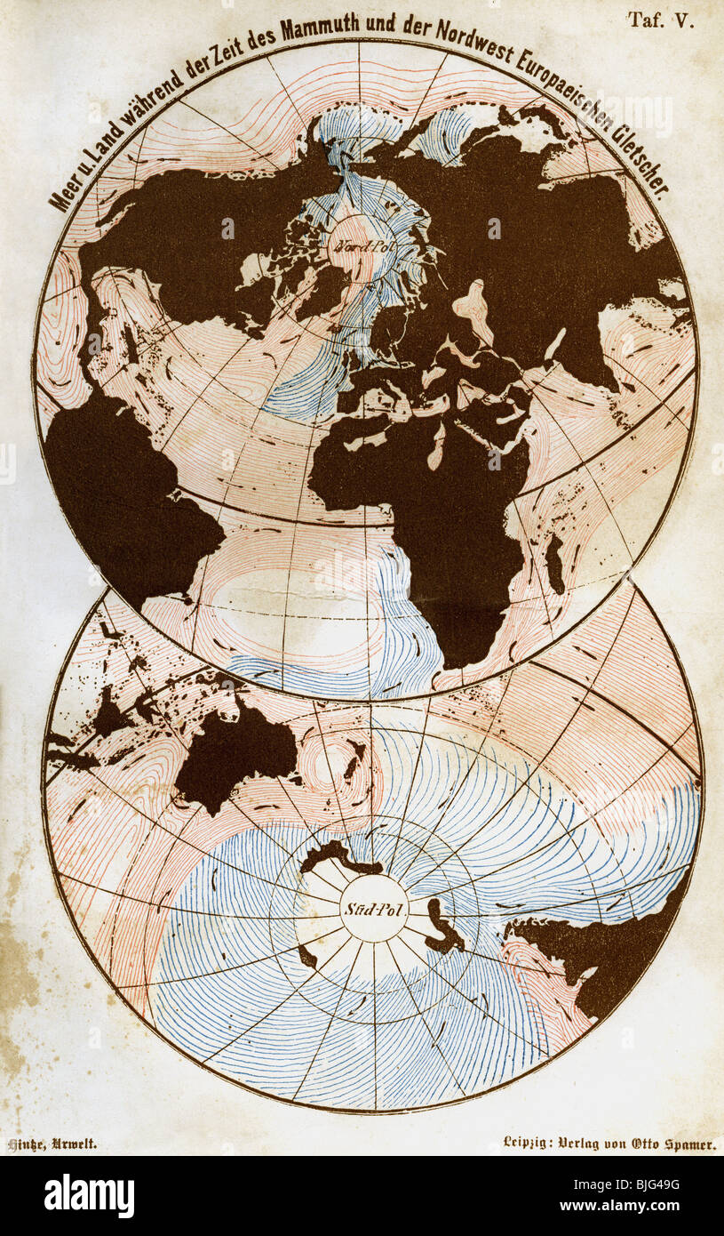 cartografia, mappe del mondo, mare e terra all'età glaciale, illustrazione, incisione del legno, circa 1870, Foto Stock