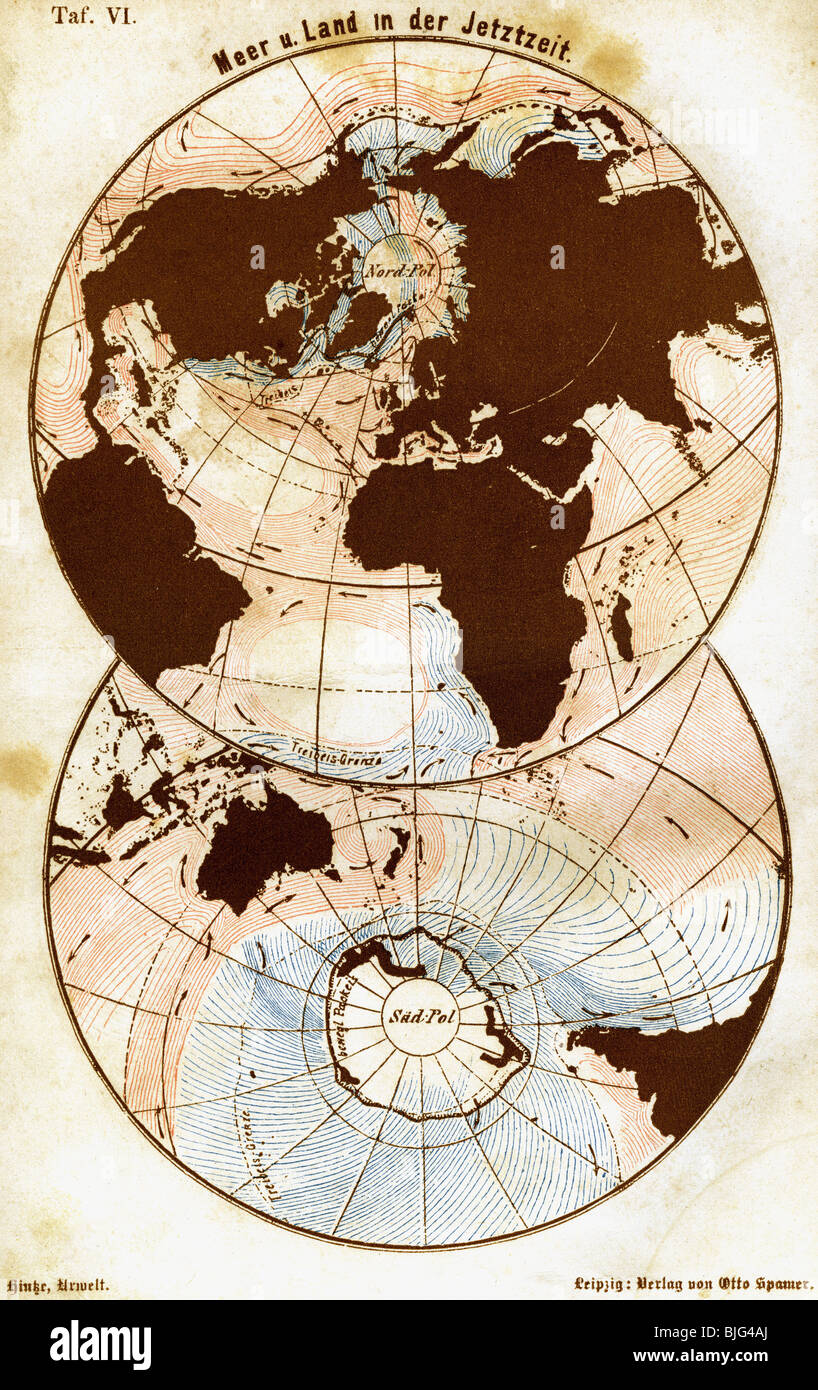 cartografia, mappe del mondo, mare e terra al momento, illustrazione, incisione del legno, circa 1870, Foto Stock