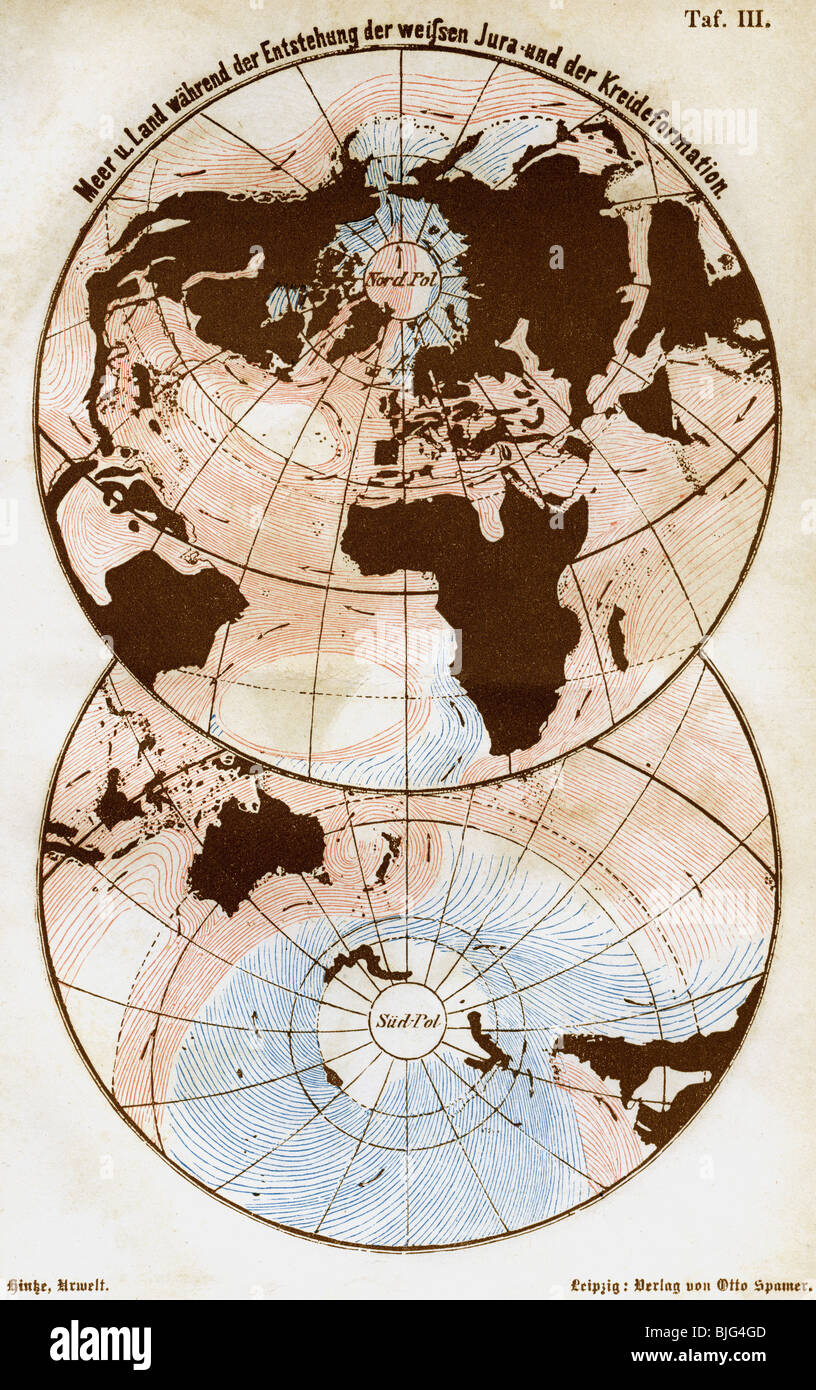 Cartografia, mappe del mondo, mare e terra al tempo del Giurassico Bianco e della formazione Cretacica, illustrazione, incisione del legno, circa 1870, Foto Stock