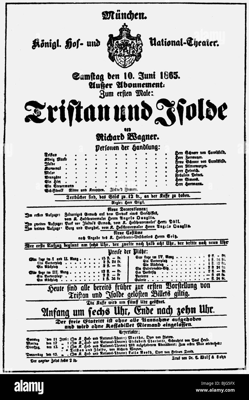 Wagner, Richard, 22.5.1813 - 13.2.1883, compositore tedesco, opere, opera 'Tristan and Isolda' ('Tristan und Isolde'), dépliant, premiere, Teatro Nazionale di Monaco, 10.6.1865, , Foto Stock