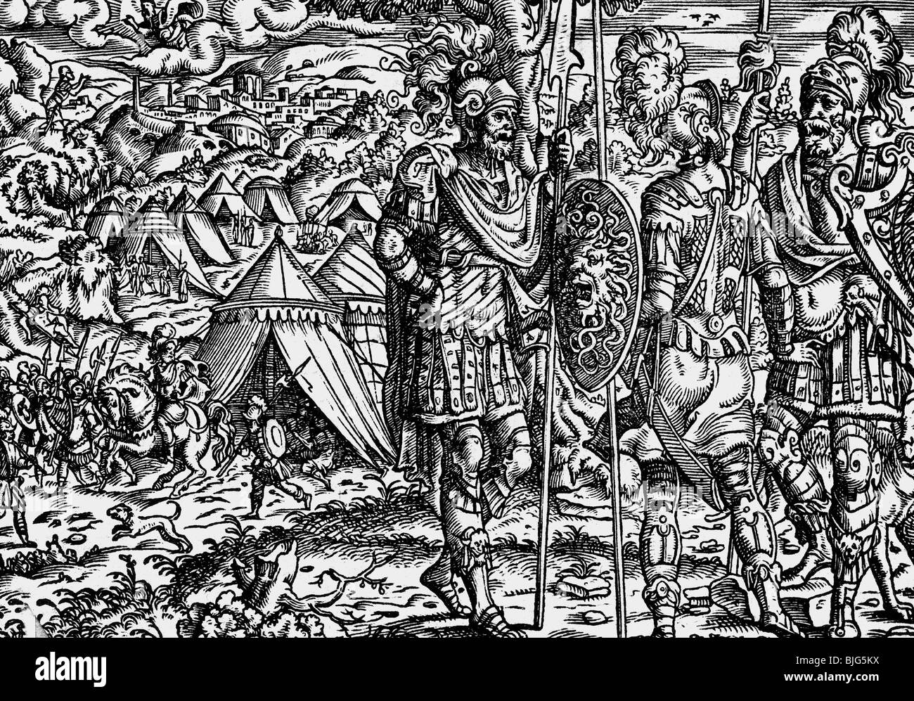 Belle arti, Amman, Jost (1539-1591), xilografia, 15.5 cm x 11 cm, illustrazione della Bibbia stampata da Sigmund Feyerabend, di Francoforte sul Meno, Germania, 1564, Scena: Joshua come leader di Israele, artista del diritto d'autore non deve essere cancellata Foto Stock