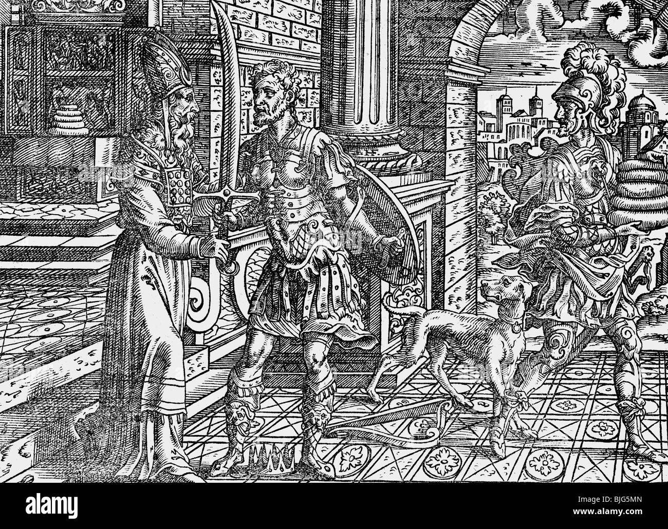 Belle arti, Amman, Jost (1539-1591), xilografia, 15.5 cm x 11 cm, illustrazione della Bibbia stampata da Sigmund Feyerabend, di Francoforte sul Meno, Germania, 1564, Scena con Re Saul e il re Davide (?), artista del diritto d'autore non deve essere cancellata Foto Stock