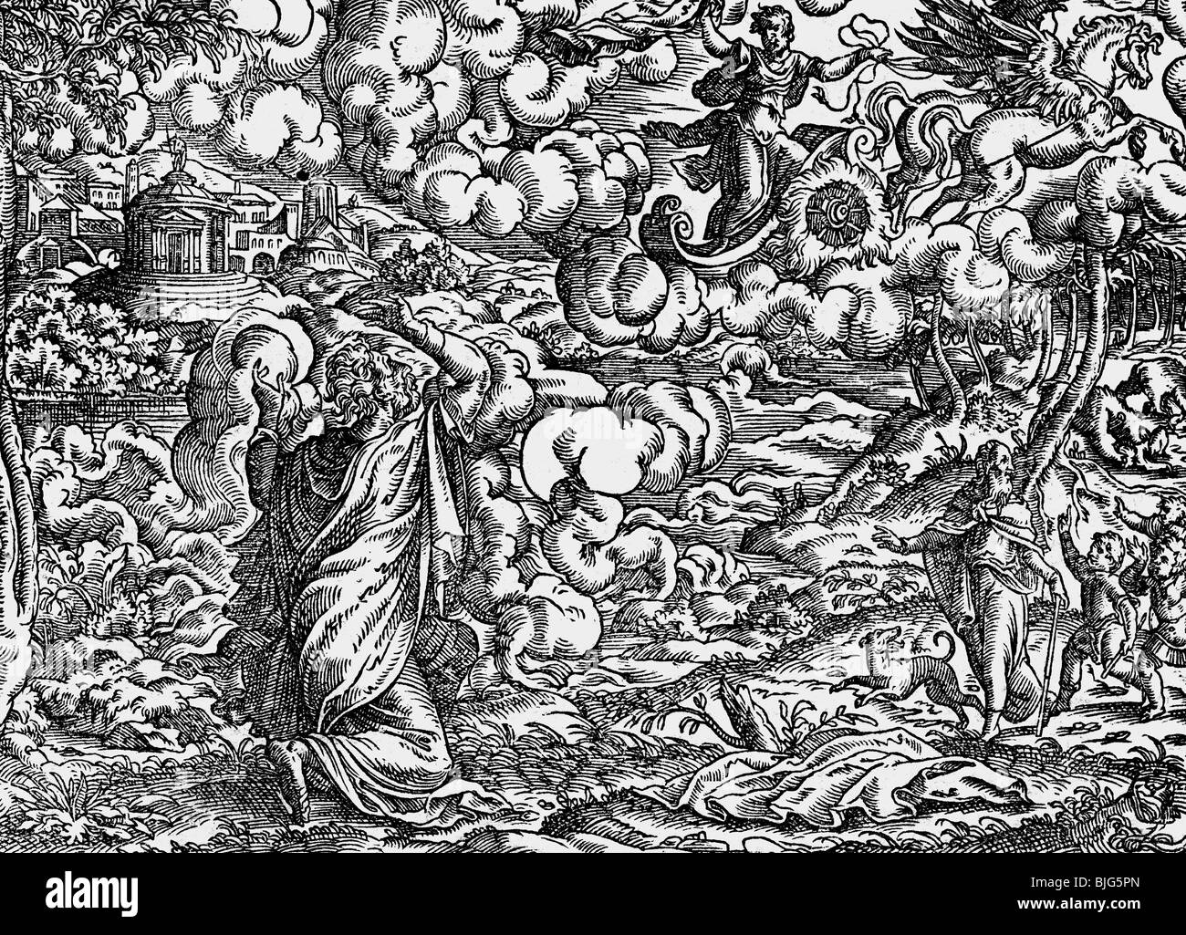 Belle arti, Amman, Jost (1539-1591), xilografia, 15.5 cm x 11 cm, illustrazione della Bibbia stampata da Sigmund Feyerabend, di Francoforte sul Meno, Germania, 1564, scena: il profeta Elia si è innalzato al cielo in un turbine su un carro di fuoco, artista del diritto d'autore non deve essere cancellata Foto Stock