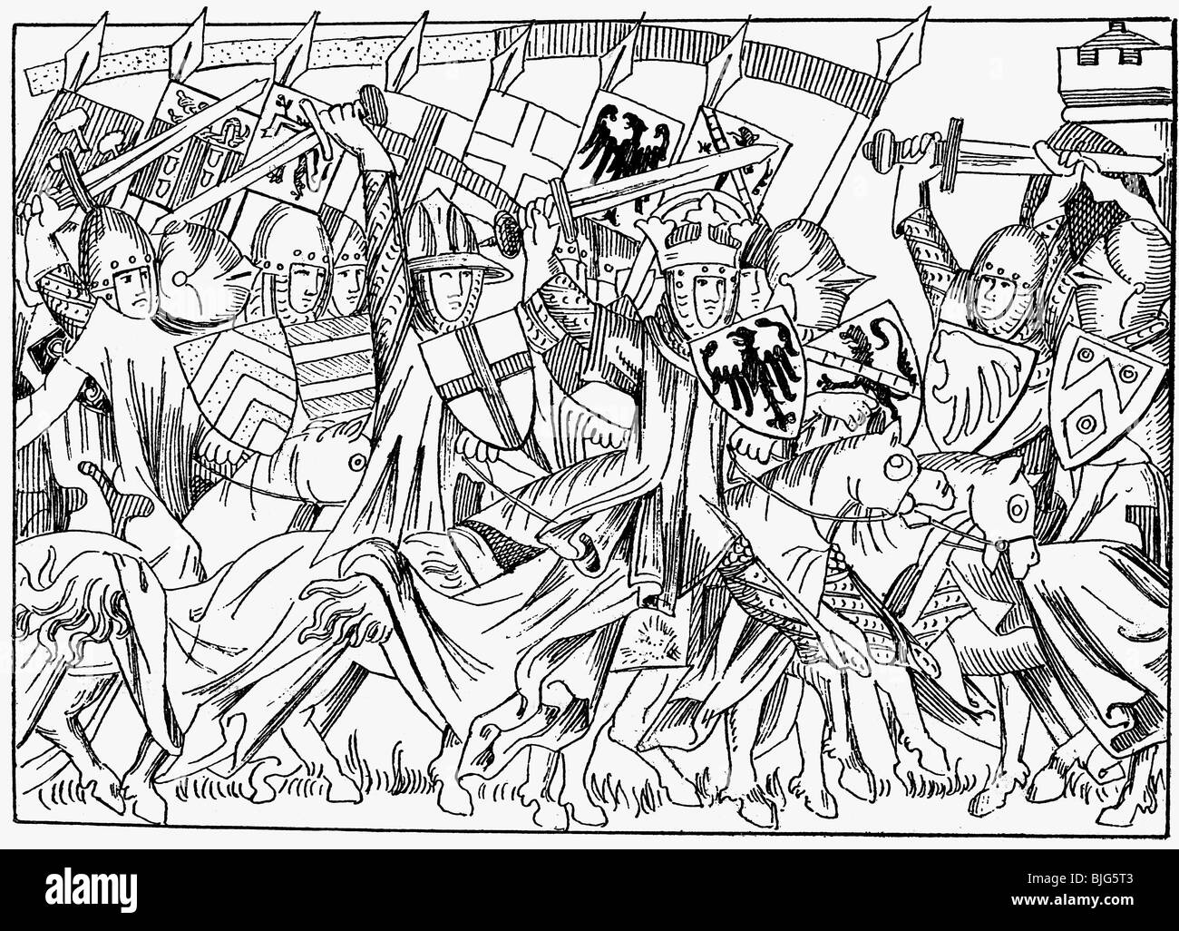 Enrico VII, circa 1275 - 24.8.1313, Sacro Romano Impero 29.9.1312 - 24.8.1313, in battaglia, dopo la miniatura, Balduini Treverensis, circa 1340, , Foto Stock