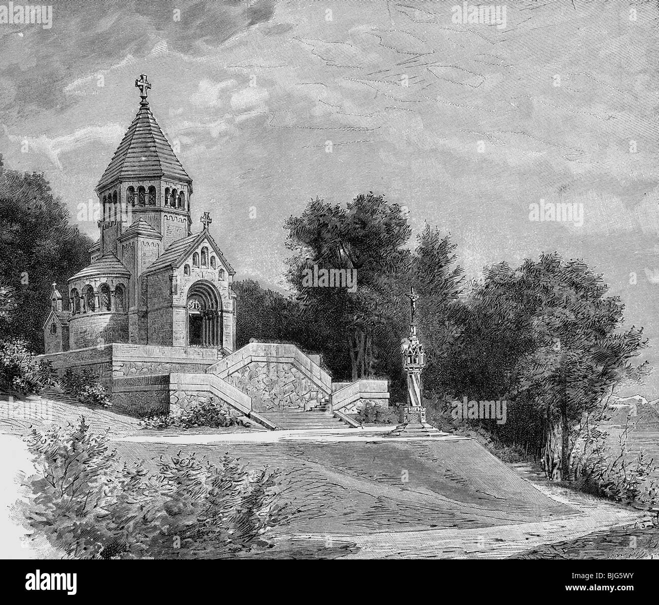 Geografia / viaggio, Germania, castelli, Berg Castle, cappella commemorativa, vista esterna, incisione del legno, circa 1895, Foto Stock