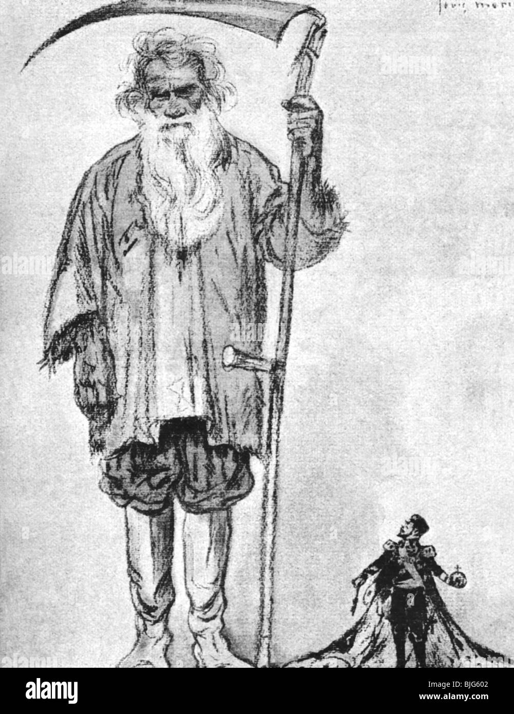 Tolstoy, Lev Nikolayevich, 9.9.1825 - 20.11.1910, autore/scrittore russo, caricatura, 'il grande e il piccolo padre', oltre all'imperatore Nicola II, disegno, 'l'Assiette au Beurre', Francia, circa 1905, , Foto Stock