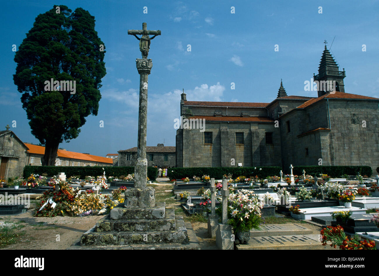 Galizia Spagna Iria Flavia chiesa di St Mary Adina Croce di pietra nel cimitero sulla rotta dei pellegrini Camino de Santiago Foto Stock