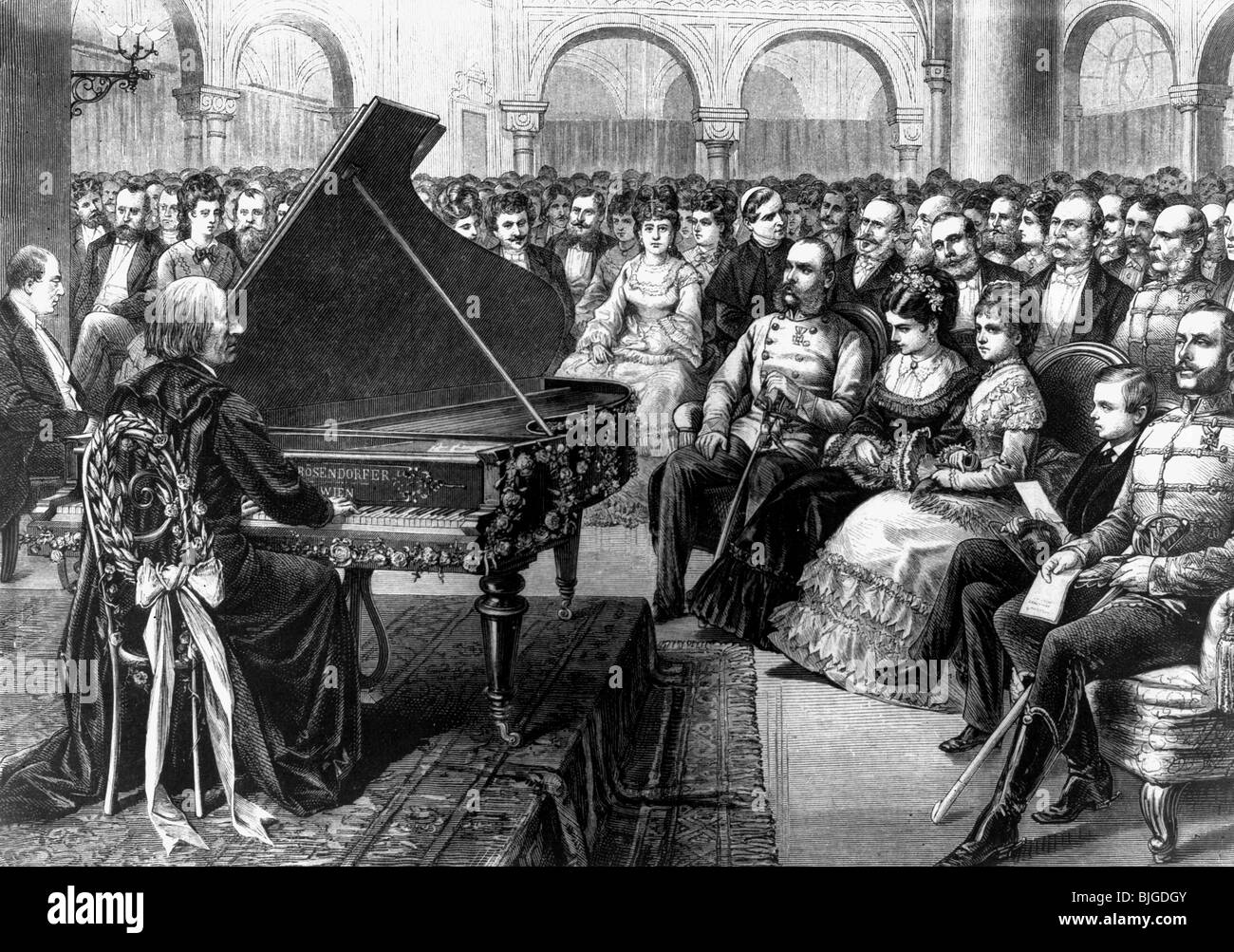 Liszt, Franz, 22.10.1811 - 31.7.1886, compositore e pianista ungherese, concerto per l'imperatore Francesco Giuseppe i d'Austria, Palazzo reale, Buda, 18.3.1872, incisione in legno contemporanea, , Foto Stock