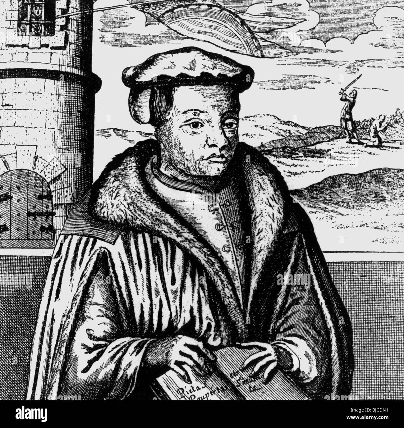 Muentzer, Thomas, circa 1490 - 27.5.1525, un pastore tedesco, a mezza lunghezza e incisione su rame, XVI secolo, , artista del diritto d'autore non deve essere cancellata Foto Stock