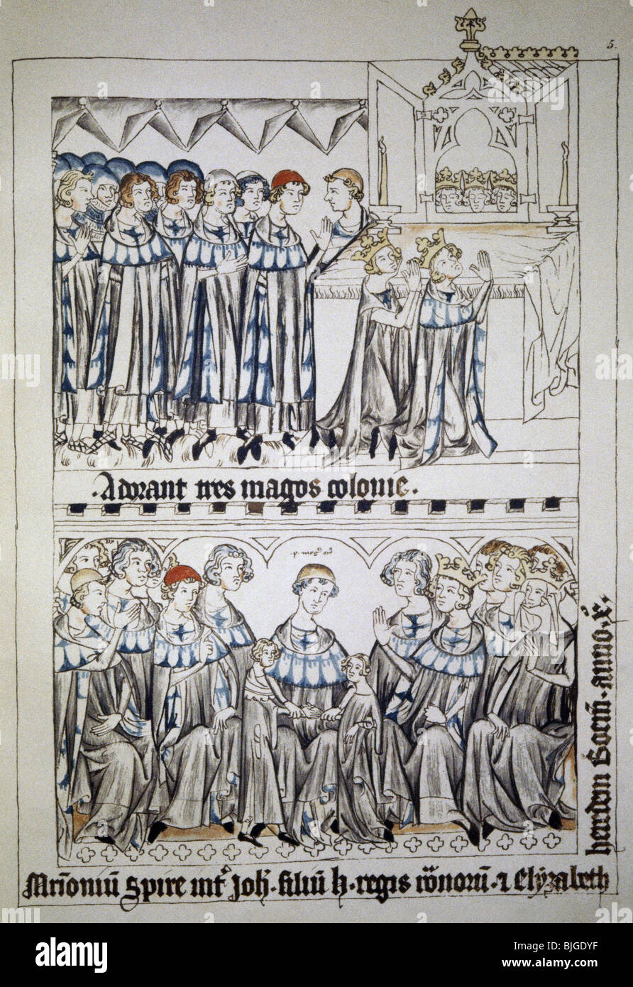 Enrico VII, circa 1275 - 24.8.1313, Sacro Romano Impero 29.9.1312 - 24.8.1313, al santuario dei Magi di Colonia, in miniatura, penna a disegno sul vellum, Codex Balduini Treverensis, circa 1340, , Foto Stock