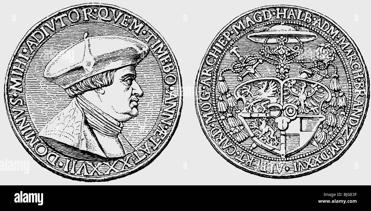 Alberto di Brandeburgo, 28.6.1490 - 24.9.1545, Arcivescovo di Magonza 9.3.1514 - 24.9.1545, ritratto, moneta, fronte e retro, incisione in legno, 19th secolo, , Foto Stock