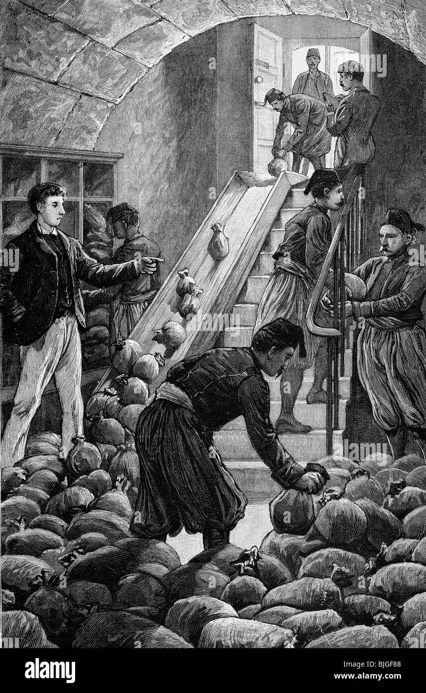 Denaro / finanza, banche, Imperial Ottoman Bank, Istanbul, vista interna, cantina d'argento, incisione del legno, 1887, Foto Stock