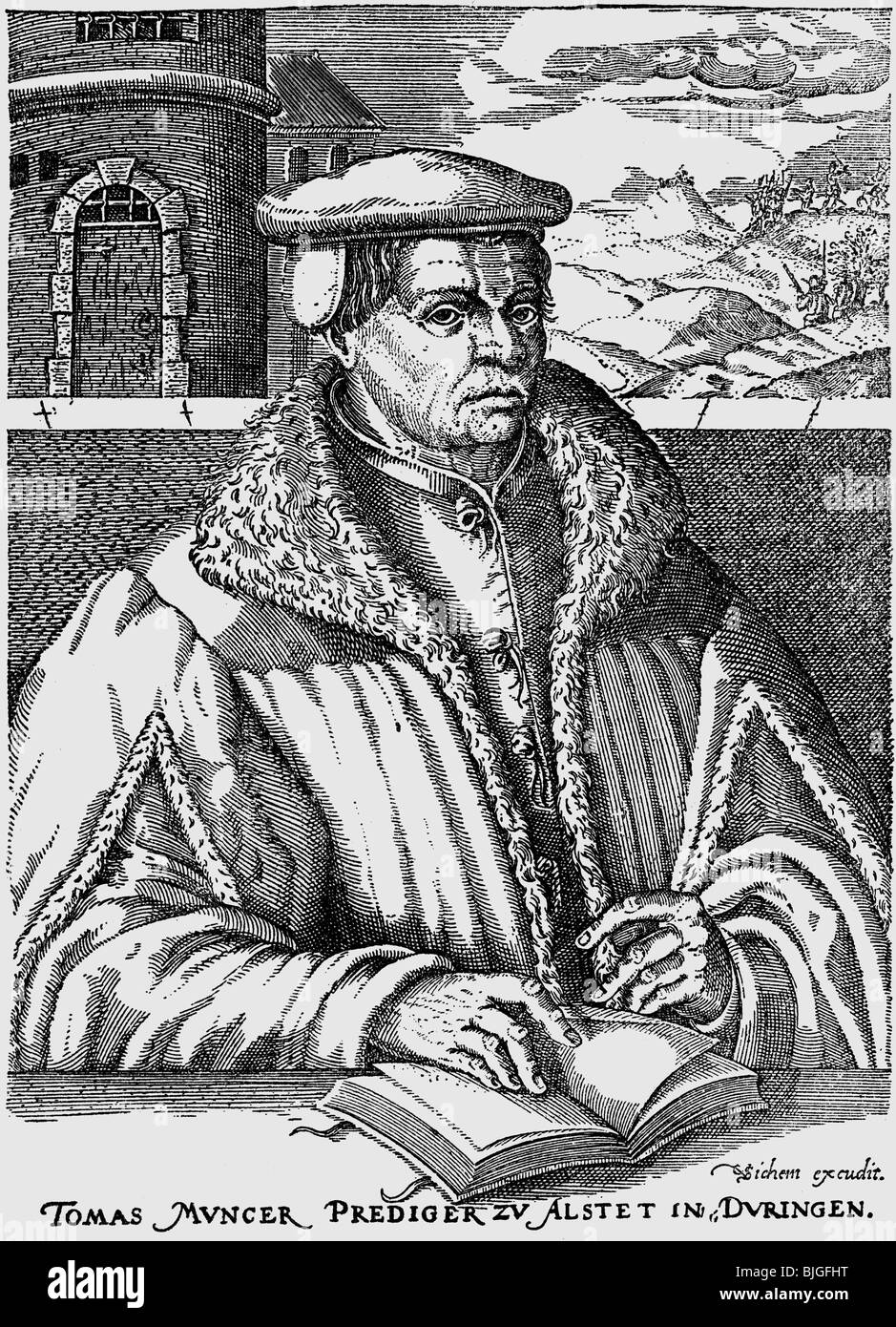Muentzer, Thomas, circa 1490 - 27.5.1525, un pastore tedesco, a mezza lunghezza e incisione su rame di Christoph van Sichem, 1608, , artista del diritto d'autore non deve essere cancellata Foto Stock