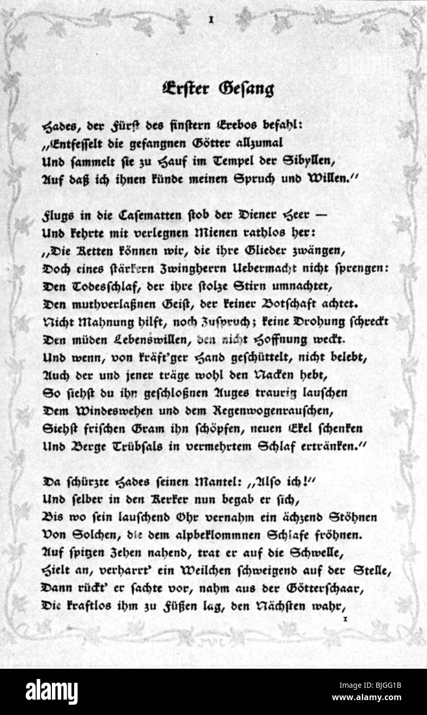 Spitteler, Carl, 24.4.1845 - 29.12.1924, autore/scrittore svizzero, opere, 'Olympischer Frühling', prima canzone, edizione dal 1900, Jena, Germania, Foto Stock