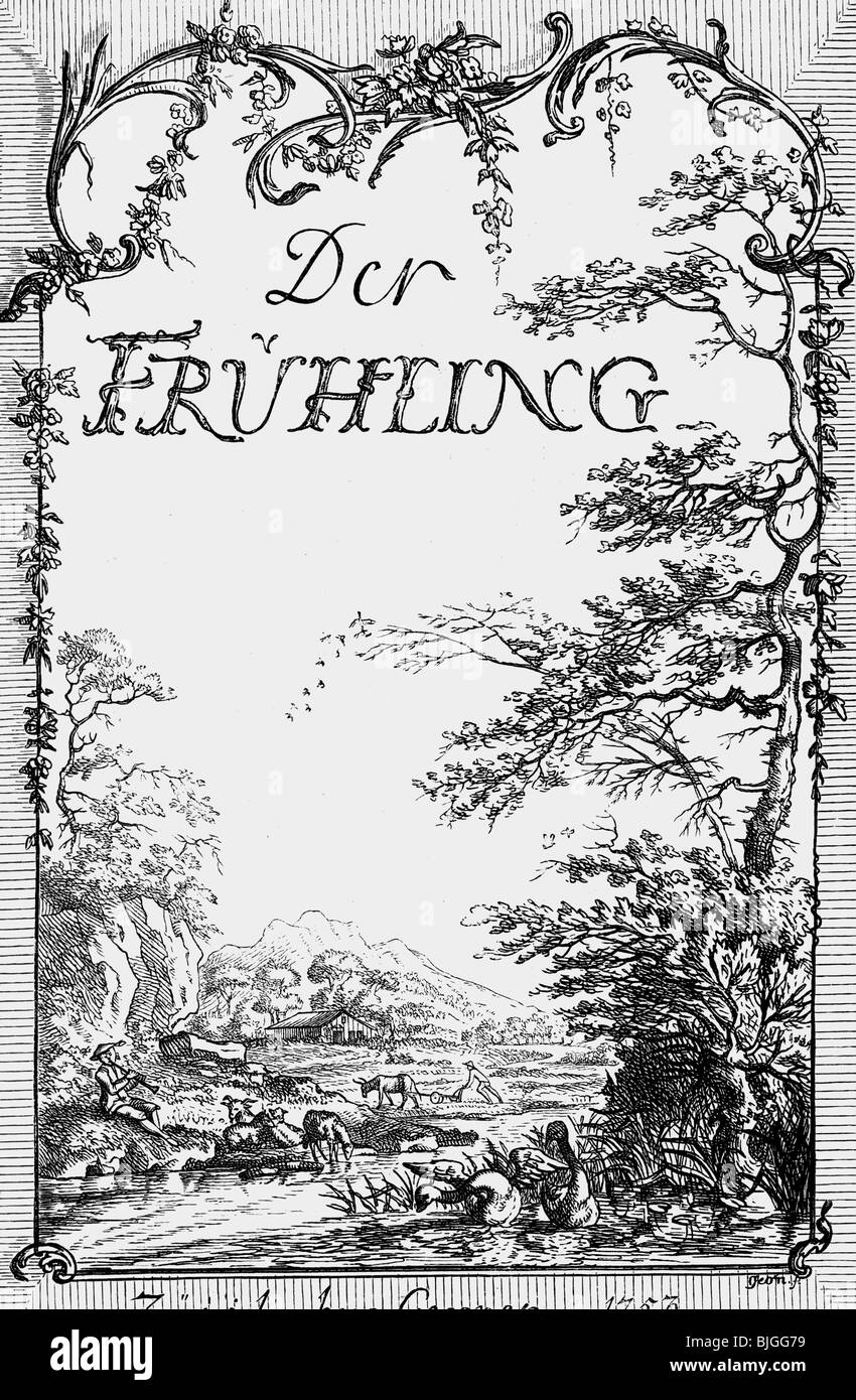 Kleist, Ewald Christian von, 7.3.1715 - 24.8.1759, ufficiale militare prussiano e autore/scrittore, opere, poema 'la Primavera' ('Der Frühling'), titolo, Gessner, Zurigo, 1753, , Foto Stock