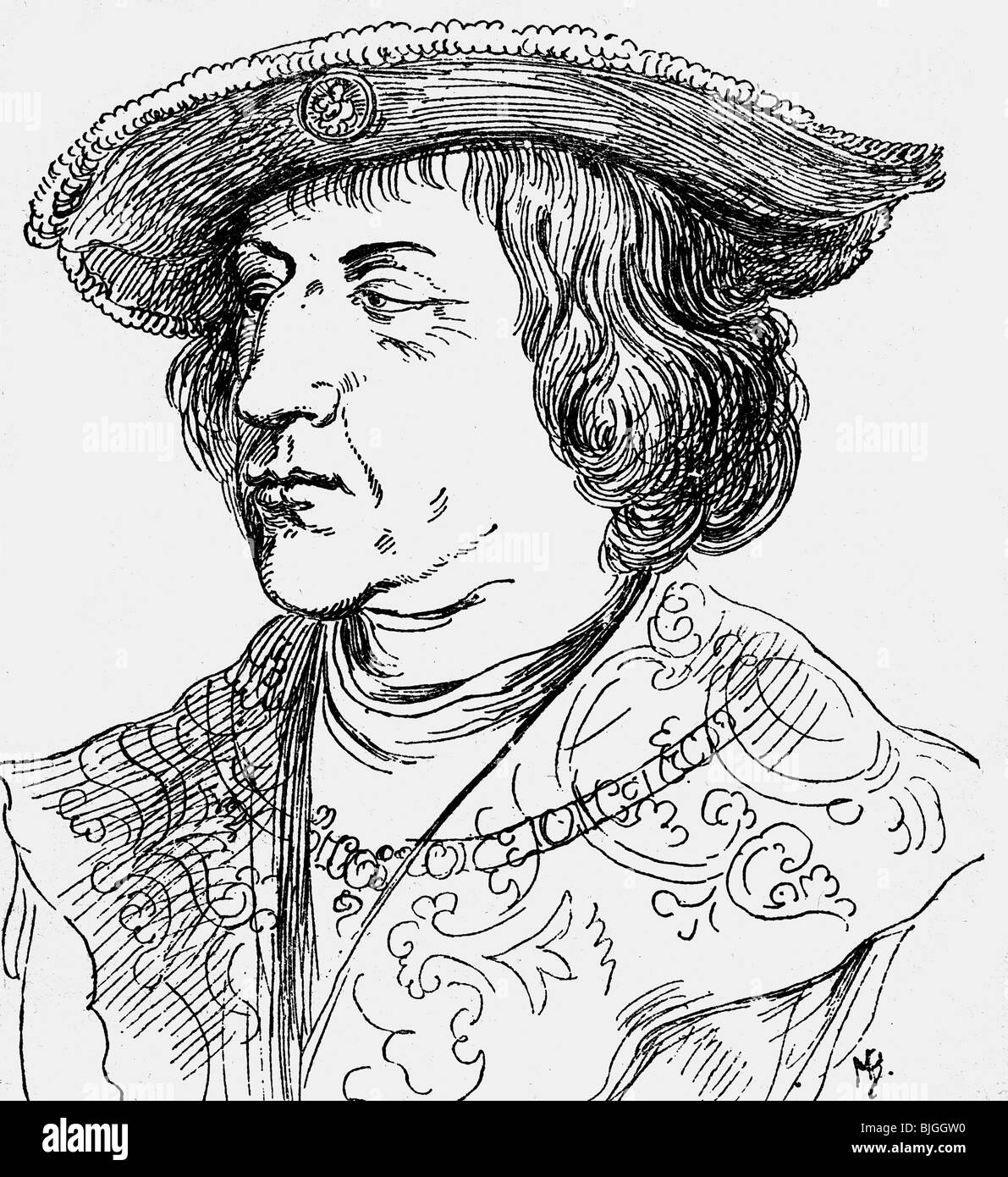 Massimiliano I, 22.3.1459 - 12.1.1519, Sacro Romano Impero 4.2.1508 - 12.1.1519, ritratto, disegno da Albrecht Dürer, circa 1518, , artista del diritto d'autore non deve essere cancellata Foto Stock