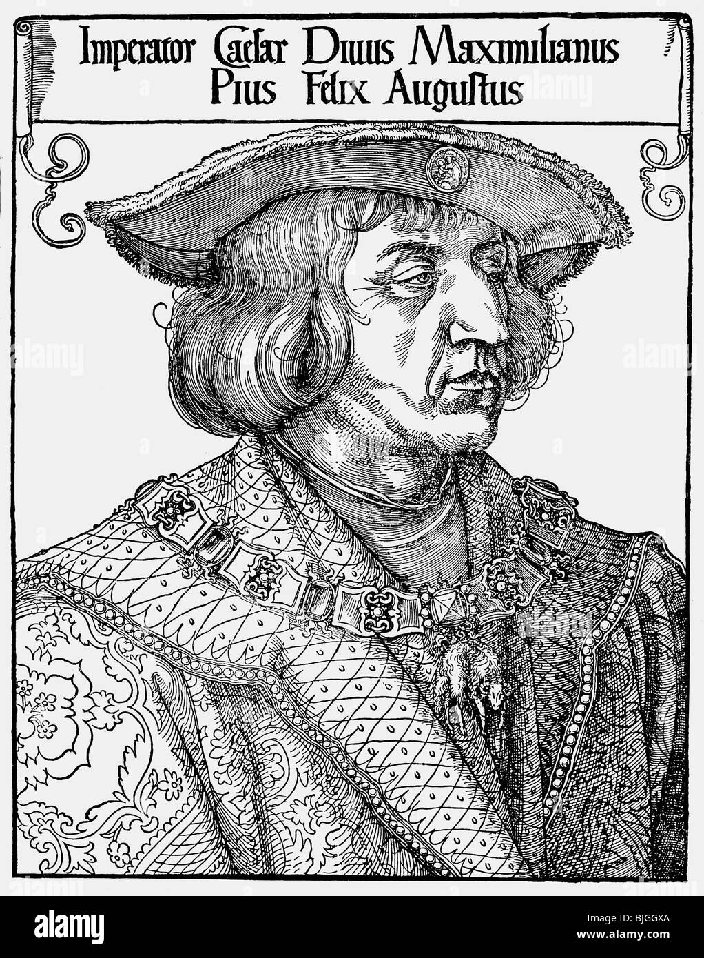Massimiliano I, 22.3.1459 - 12.1.1519, Sacro Romano Impero 4.2.1508 - 12.1.1519, ritratto, incisione su rame di Albrecht Dürer, 1519 , artista del diritto d'autore non deve essere cancellata Foto Stock