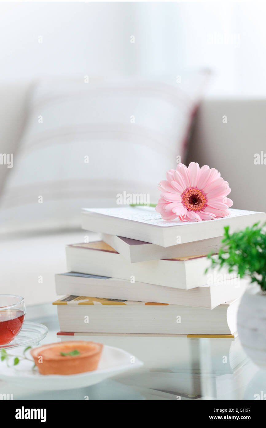 Libri e una rosa daisy su un tavolino da soggiorno Foto Stock
