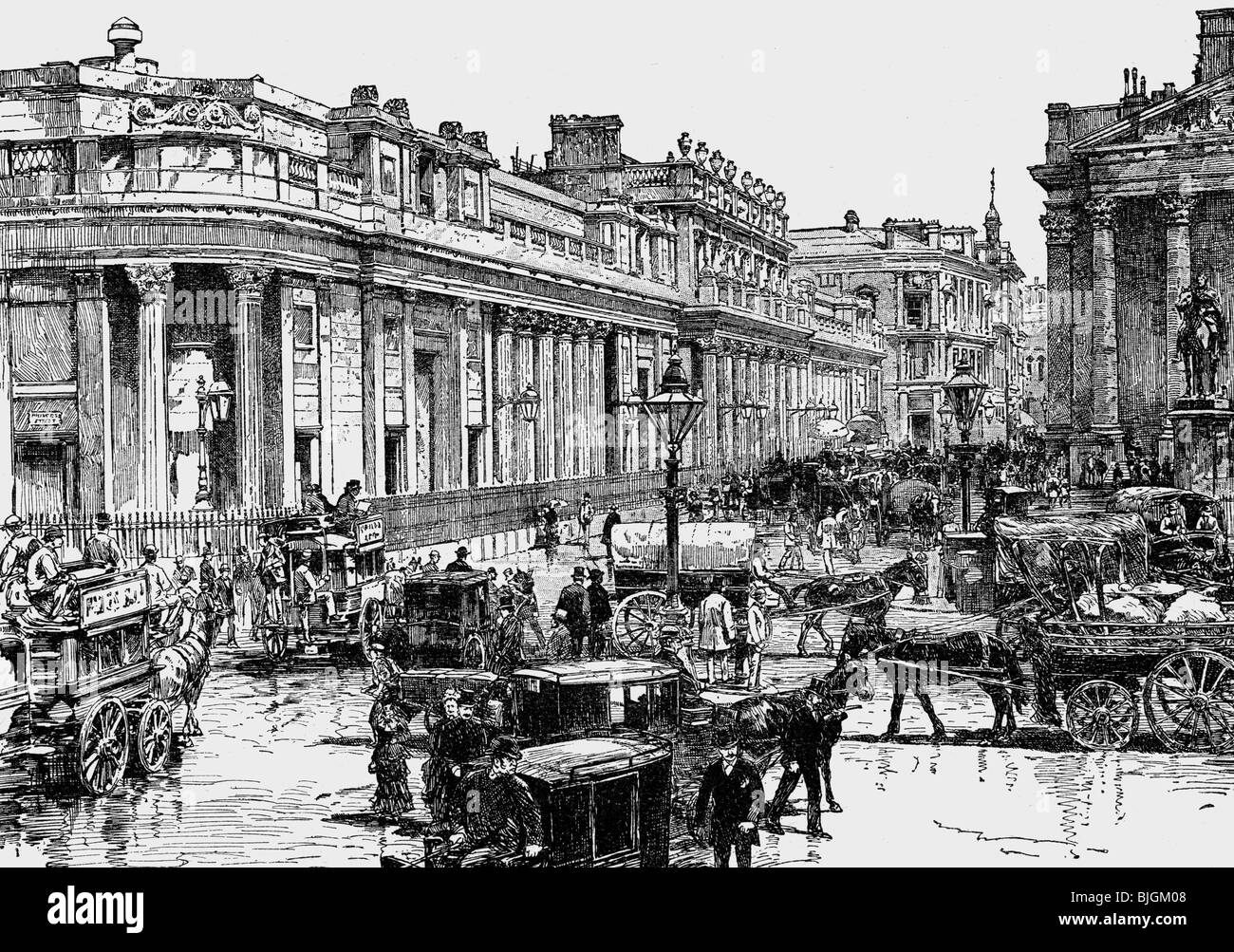 Denaro / finanza, banche, Banca d'Inghilterra, Threadneedle Street, Londra, vista esterna, incisione del legno, 1885, Foto Stock