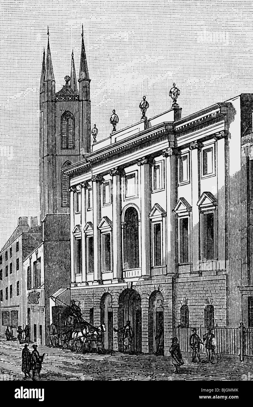 Denaro / finanza, banche, Banca d'Inghilterra, Threadneedle Street, Londra, vista esterna, incisione in legno, 19th secolo, Foto Stock