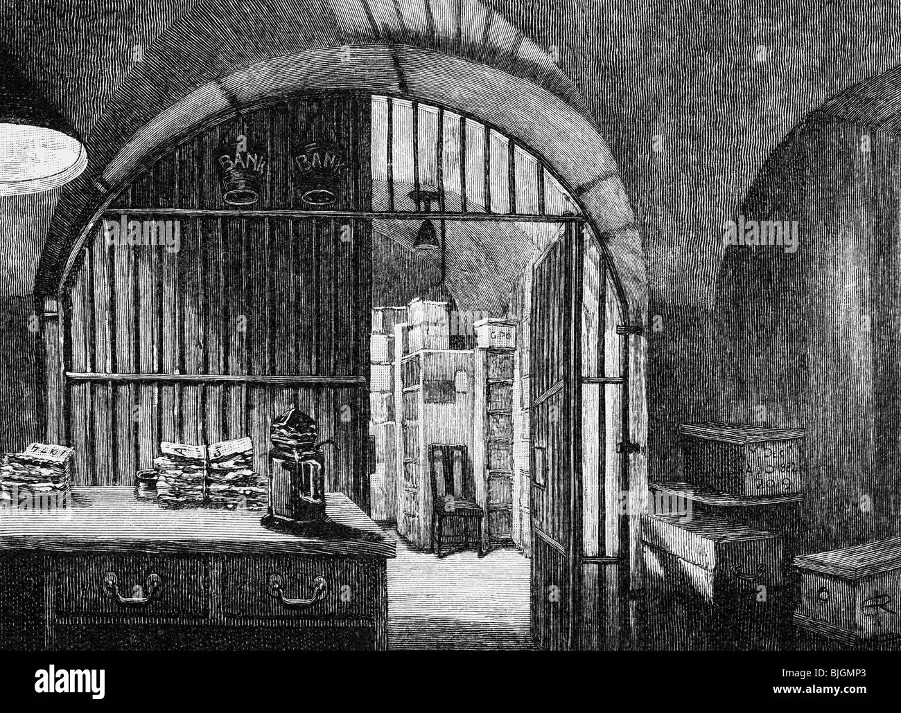Il denaro / Finanze, banche, Bank of England, Threadneedle Street, Londra, vista interna, biblioteca di banconote, incisione su legno, 1885, Foto Stock