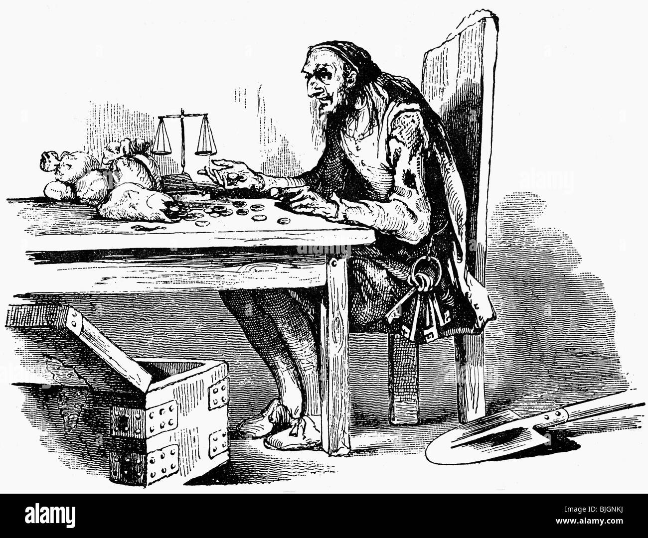 Moliere, 15.1.1622 - 17.2.1673, autore/scrittore francese, opere, play 'The Miser' ('l'Avare'), 1668, illustrazione, incisione in legno di Tony Johannot, 1854, , Foto Stock